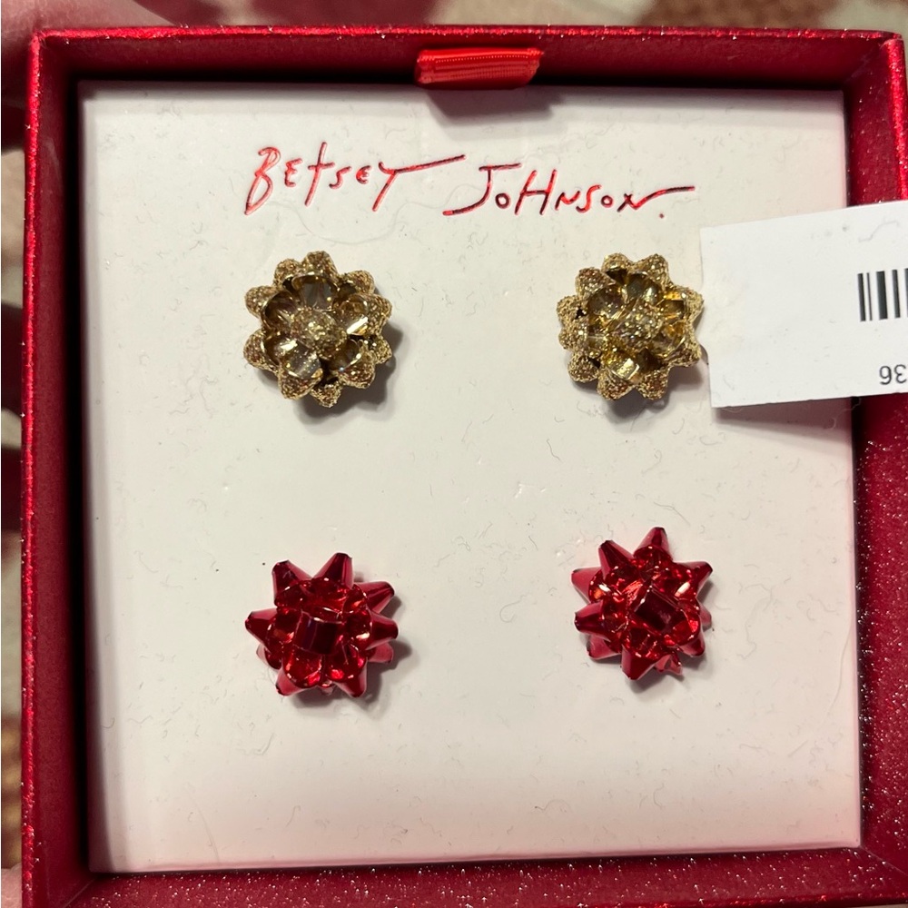 Betsey Johnson Shiny Gold & Red Christmas Bow Earrings NWT